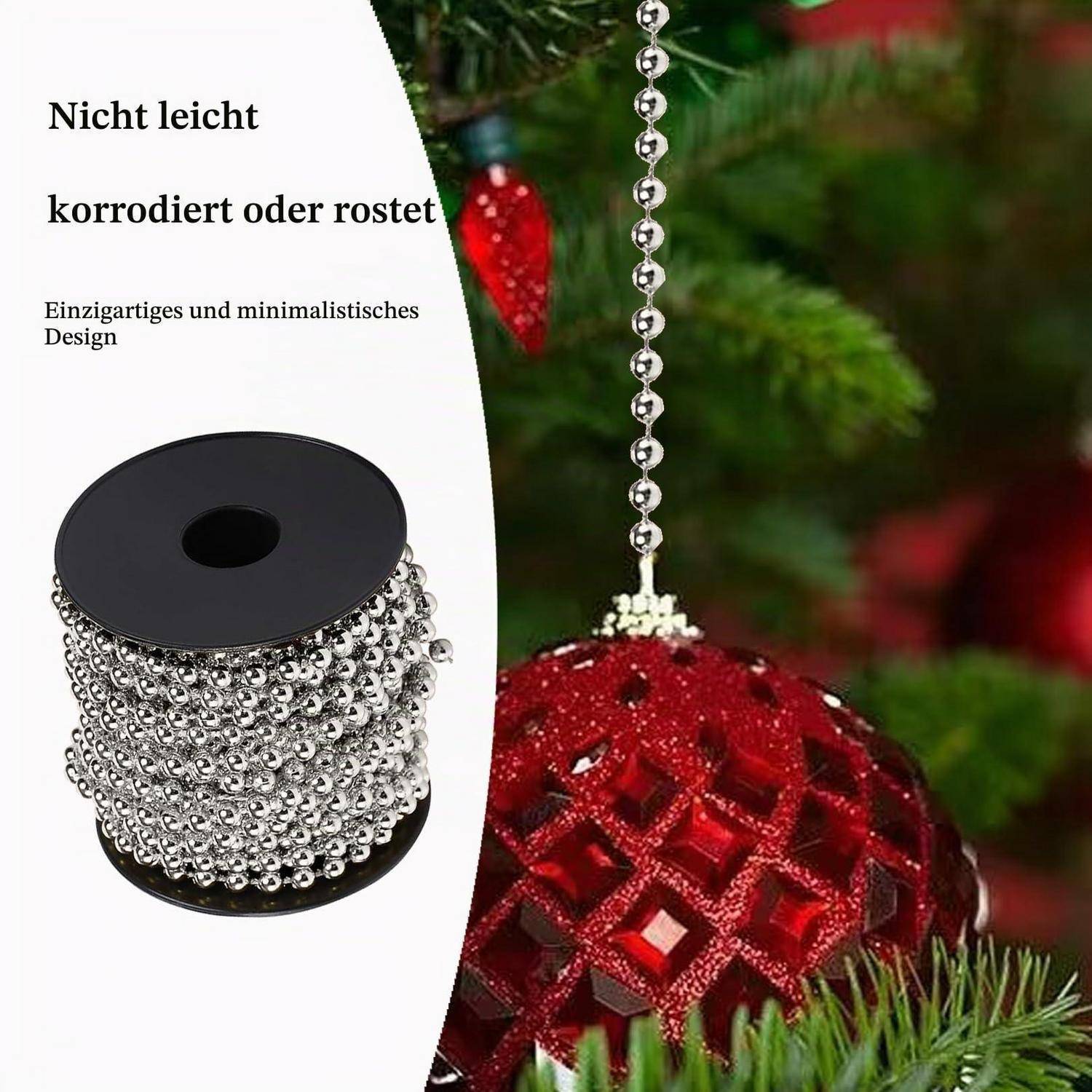 Adventskerzen-Ornament mit rotem Glitterball auf einer silbernen Perlenkette; Einsatz zeigt die Produktspule. Der Text besagt „Nicht leicht korrodiert oder rostet