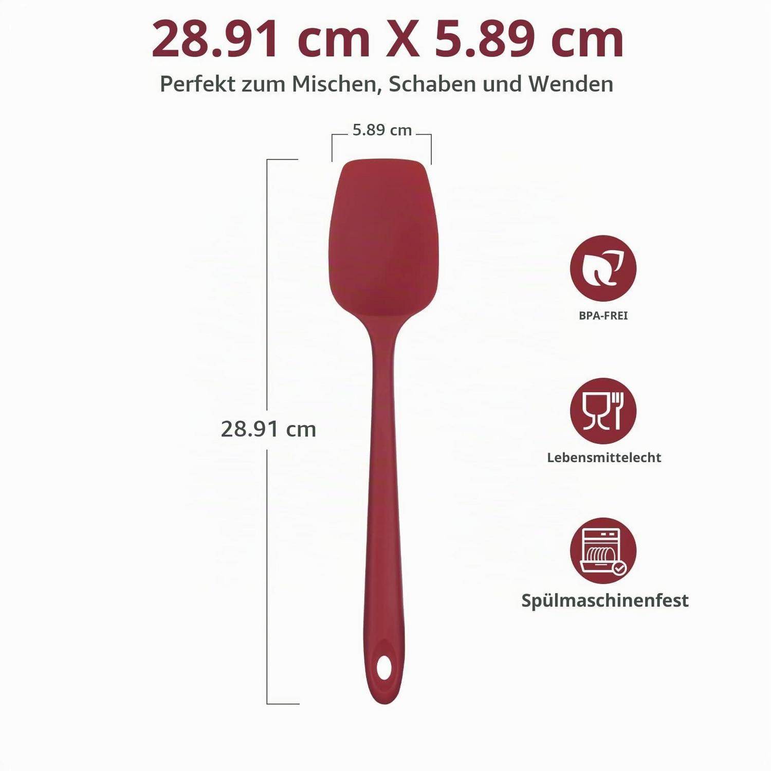 Rote Silikonspatel mit Loch im Griff, beschriftet 28,91 cm x 5,89 cm; deutscher Text besagt, dass er zum Mischen, Kratzen und Wenden perfekt geeignet ist, BPA-frei, lebensmittelsicher und spülmaschinenfest.