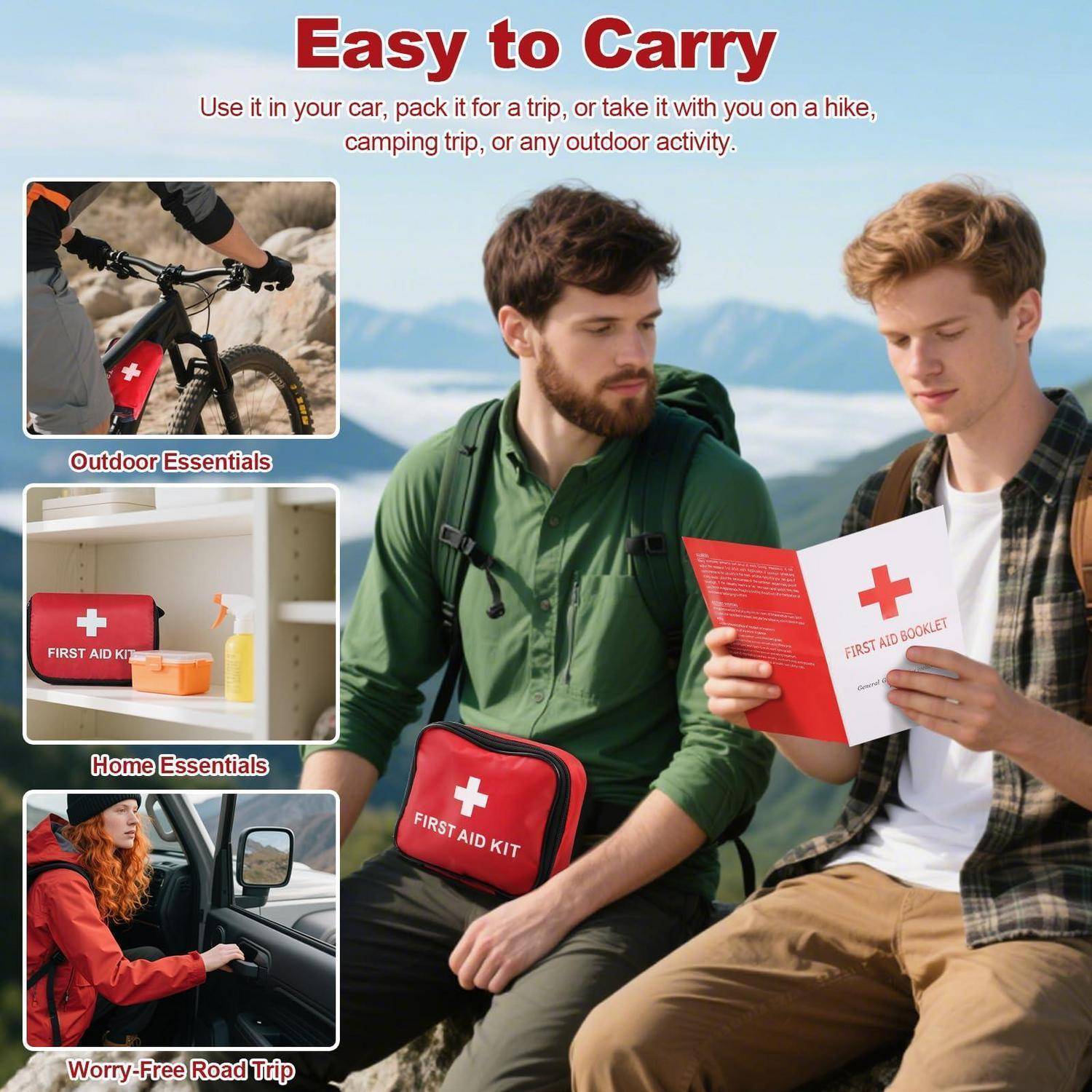 Werbebild eines tragbaren Erste-Hilfe-Kastens für den Außenbereich, zu Hause und auf Reisen, mit Personen, die draußen das Erste-Hilfe-Büchlein lesen.