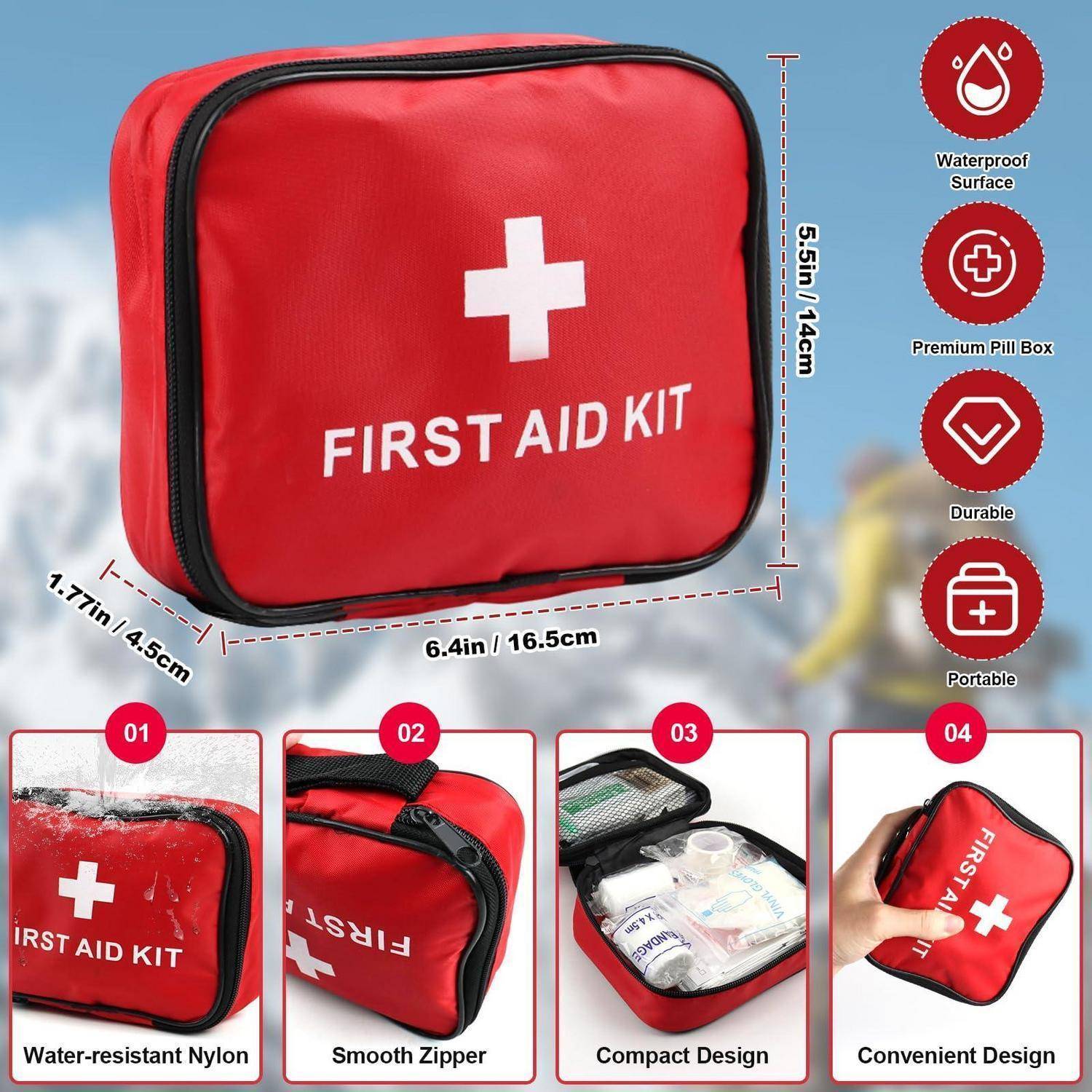 Rote Erste-Hilfe-Tasche mit weißem Kreuz und der Bezeichnung „FIRST AID KIT", gezeigt mit den Abmessungen 6,4 x 5,5 x 1,7 Zoll und mit folgenden Eigenschaften: wasserdicht, langlebig, tragbar, Pillendose.
