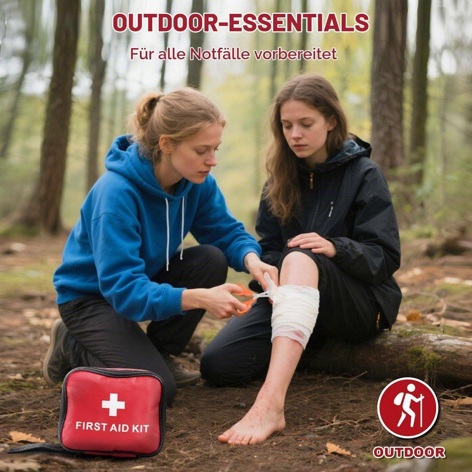 Zwei Wanderer im Freien; einer wickelt einen Verband um das verletzte Knie des anderen neben einem Erste-Hilfe-Kasten, mit dem Text „OUTDOOR-ESSENTIALS" und „Für alle Notfälle vorbereitet"".