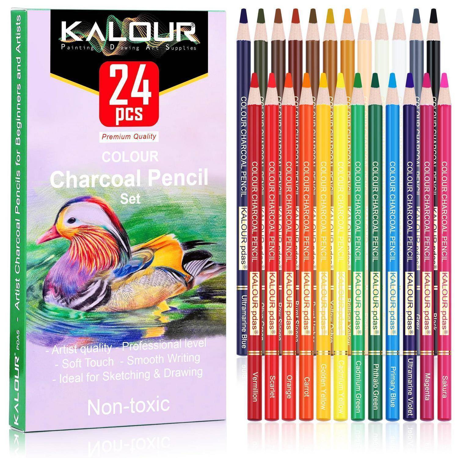 Packung mit 24 KALOUR-Farbkohlesiften mit gespitzten Spitzen, abgebildet neben der Schachtel mit einer Entenillustration und dem Text „Ungiftig