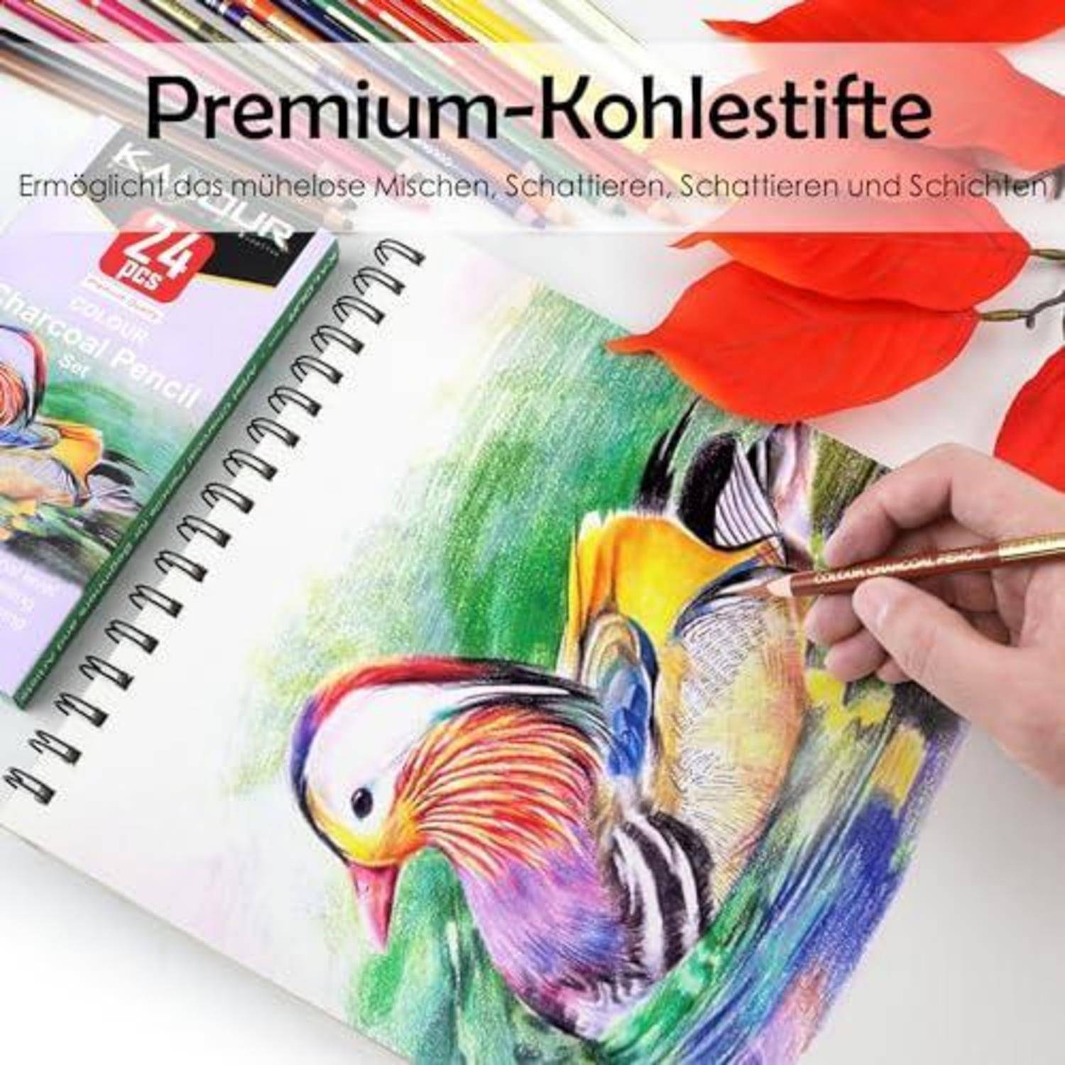 Anzeige für „Premium-Kohlestifte" zeigt eine Hand, die eine lebendige Vogelskizze in einem Spiralblock mit der Bleistiftverpackung daneben koloriert.