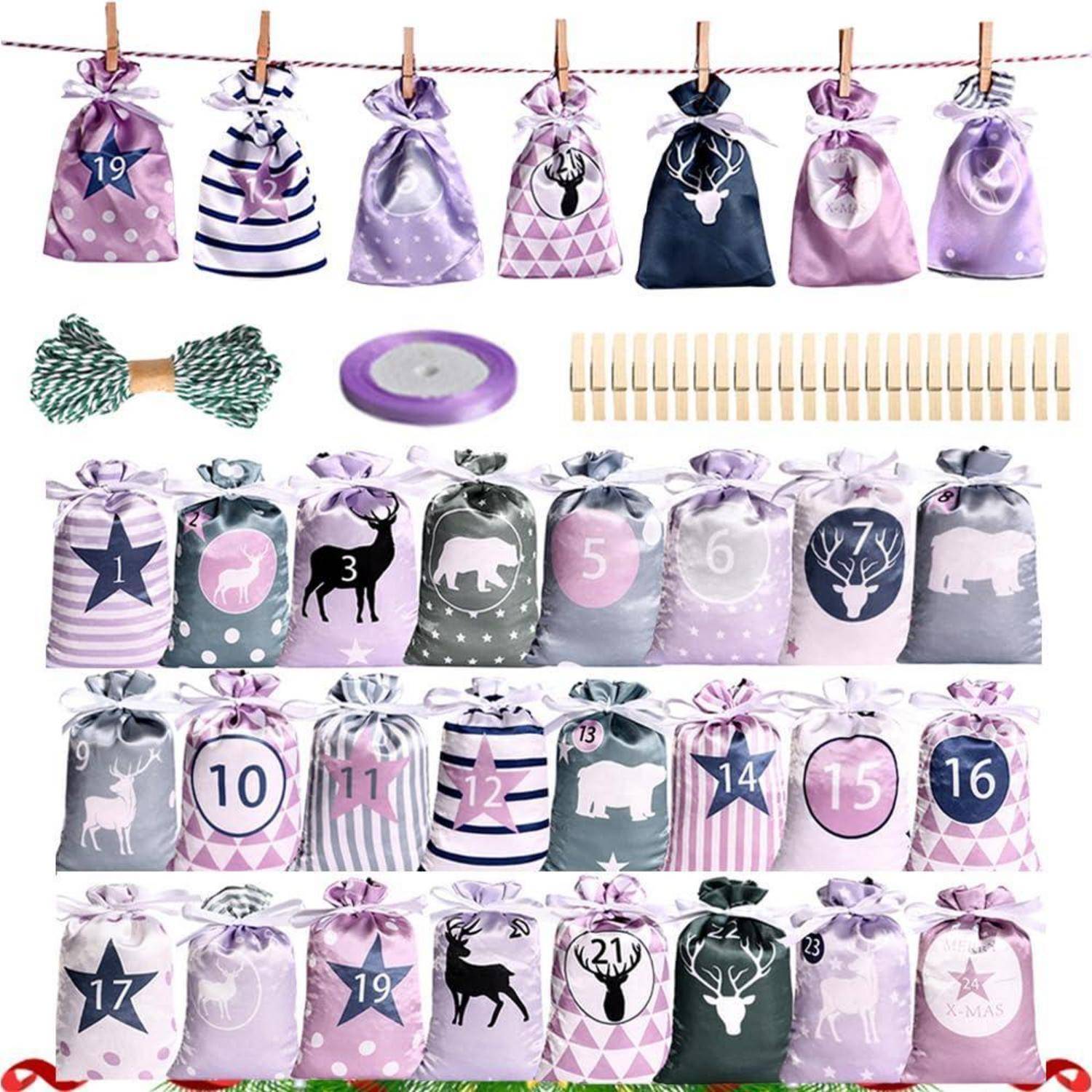 Ein Set aus Lavendel- und grauennummerierten Kordelzug-Geschenktaschen für einen Adventskalender, gezeigt mit Clips, Bändern und einer dekorativen Schleife.