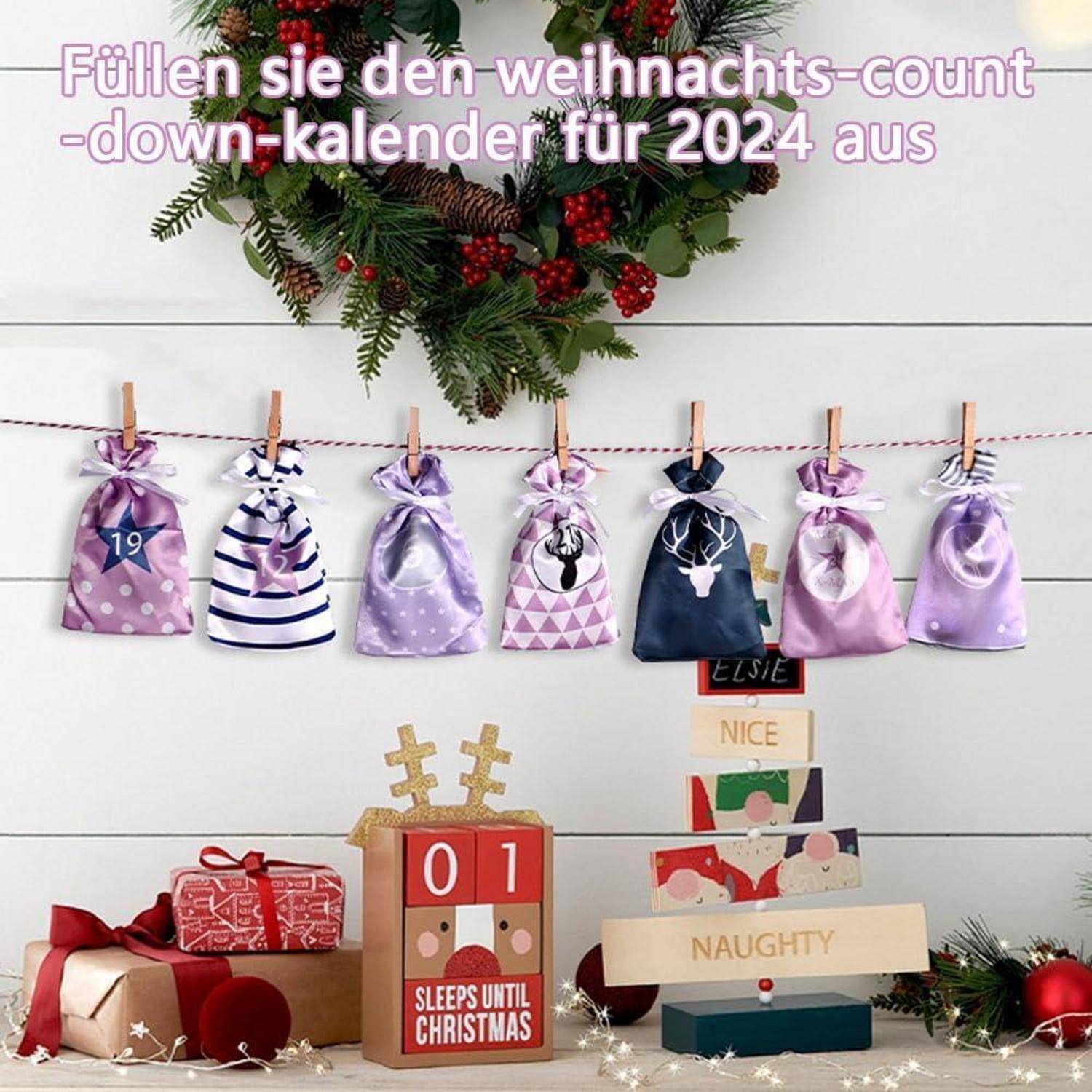 Weihnachts-Countdown-Adventskalender-Aufbau mit nummerierten Geschenktüten an einer Schnur und einer „01 SCHLAFEN BIS WEIHNACHTEN