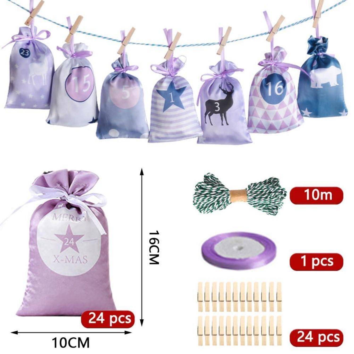 Violette Weihnachts-Adventskalender-Geschenktüten, 24 Stück, je 10 cm x 16 cm, mit 10 m Schnur und 24 Holzklammern wie abgebildet in der Verpackung.