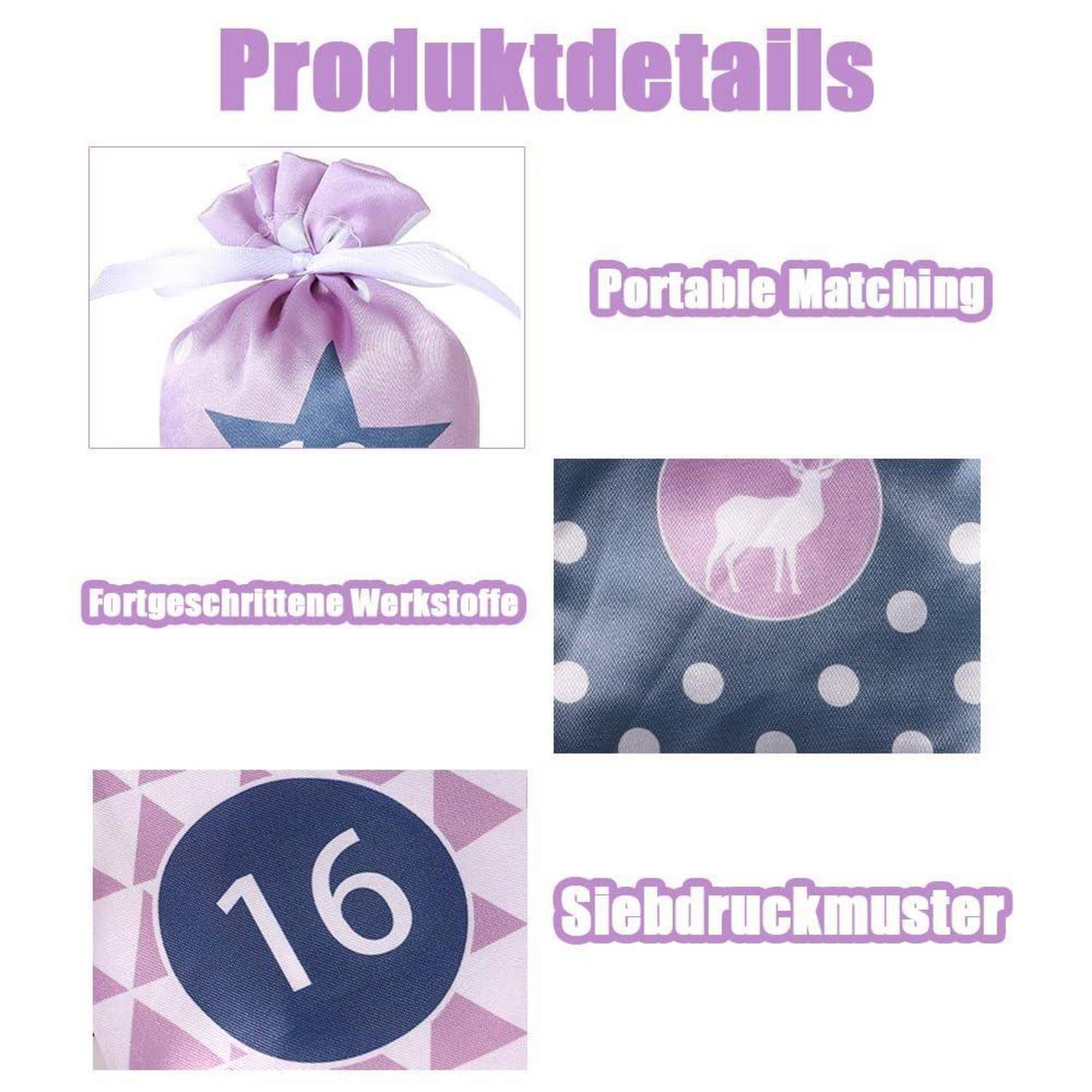 Produktdetailsgrafik zeigt eine lavendelfarbene Kordelzugtasche, Stoffmuster und Siebdruckdesign, mit deutschen Beschriftungen: 'Produktdetails', 'Portable Matching', 'Fortgeschrittene Werkstoffe' und 'Siebdruckmuster'.