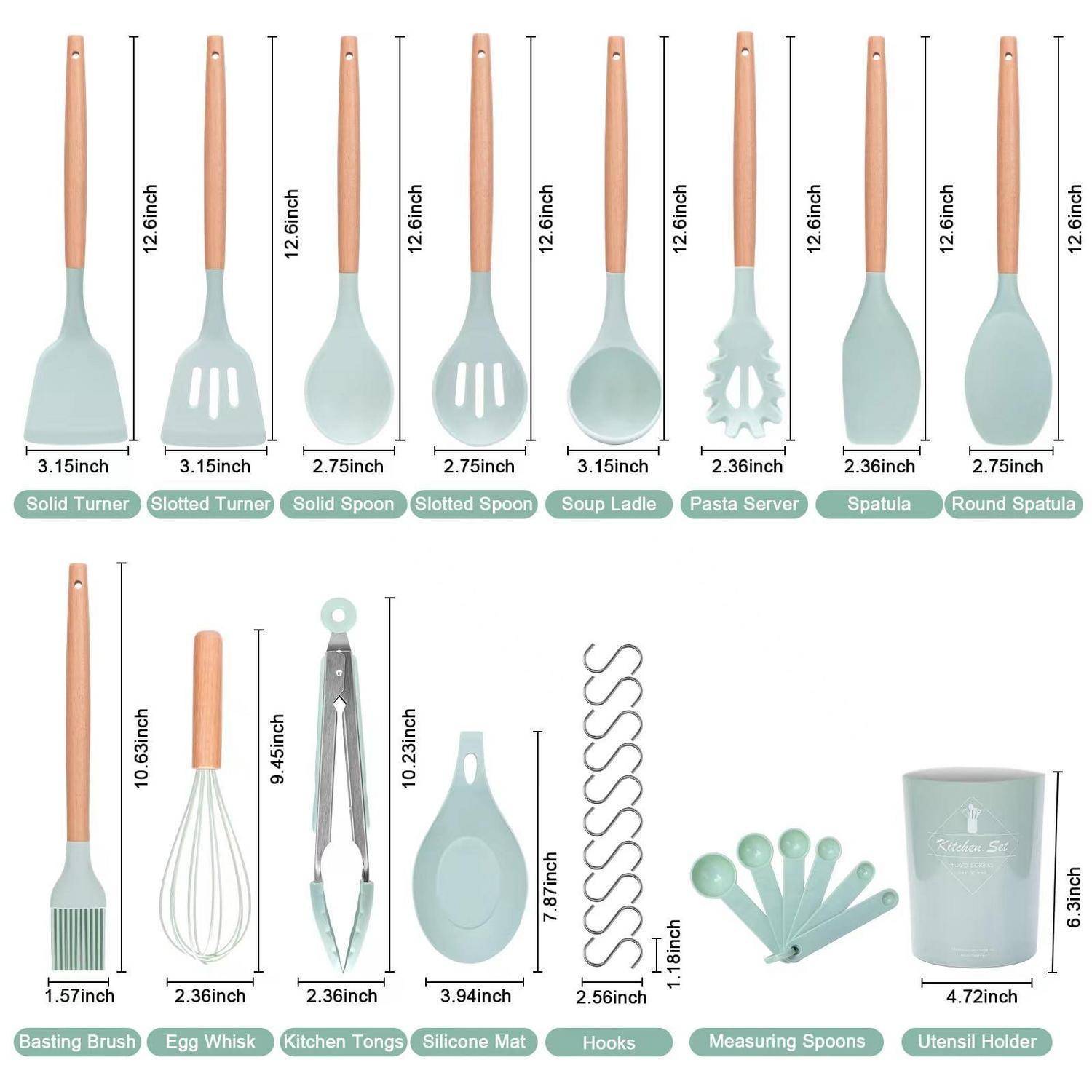 Küchenutensilien-Set Infografik mit 13 mintfarbenen und holzgestalteten Werkzeugen mit Namen und Abmessungen, einschließlich Pfannenwender, Löffel, Schöpflöffel, Pastamesser, Spachtel, Bürste, Schneebesen, Zange, Form, Haken, Messlöffel und Halter.