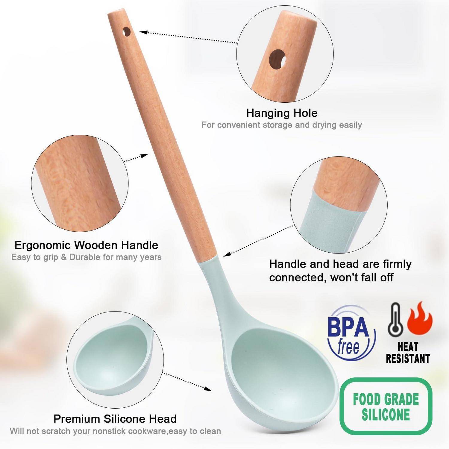 Produktinfografik eines Kochkochlöffels aus Silikon mit Holzgriff mit Beschriftungen für Aufhängeloch, ergonomischer Griff, sichere Kopfverbindung, hochwertiges antihaftbeschichtetes Silikon, BPA-frei, hitzebeständig und lebensmittelechtes Silikon.