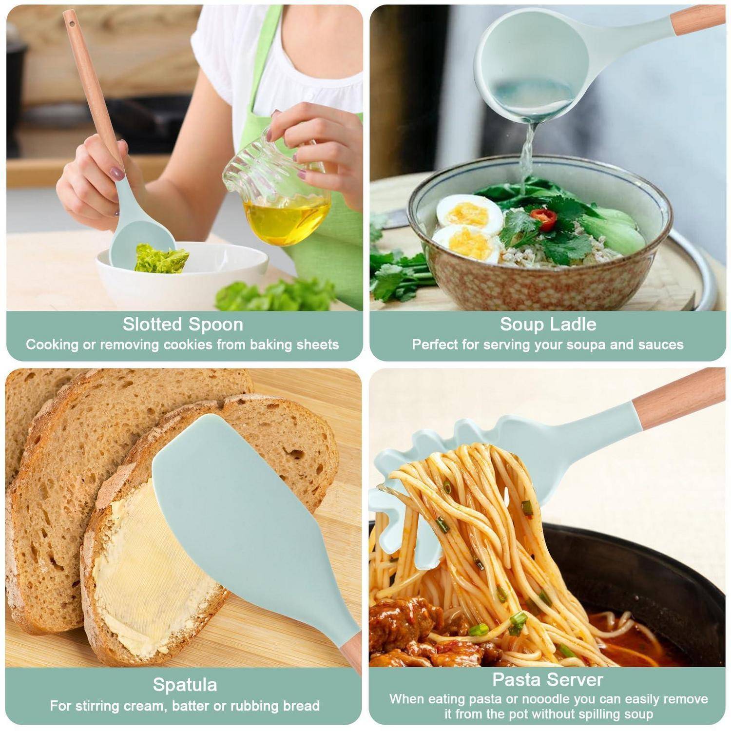 Vierteiliges Produktbild mit blauen Silikonküchengeräten: Schlitzlöffel zum Backen, Suppenkelle, Spatel und Nudelserver, jedes mit Verwendungsangabe gekennzeichnet.