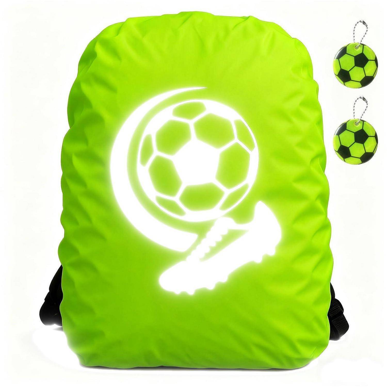 Hellgrüner Fußball-Rucksack mit weißer Ball-und-Schuh-Grafik, gezeigt mit zwei passenden ballförmigen Schlüsselanhängern auf der rechten Seite.