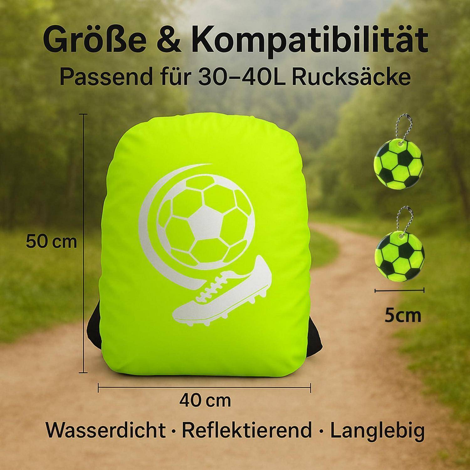 Ein neongrüner Rucksack-Regenschutz in der Größe 50 cm x 40 cm für 30-40-L-Rucksäcke mit Fußballdesign; inklusive 5 cm passendem Schlüsselanhänger.