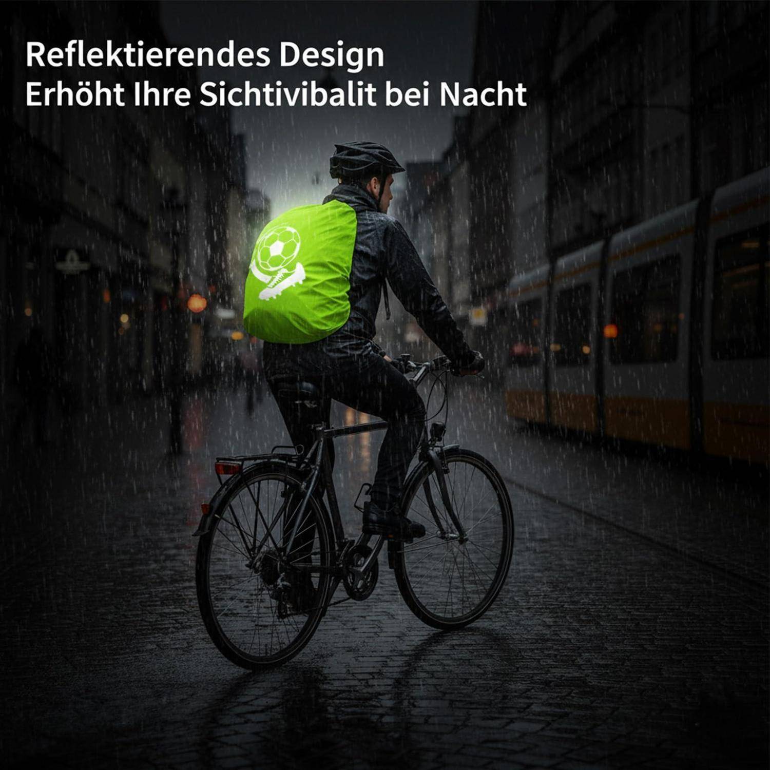 Radfahrer im Regen, der einen leuchtend reflektierenden grünen Rucksack trägt, mit deutschem Text, der besagt, dass reflektierendes Design die Sichtbarkeit nachts verbessert.