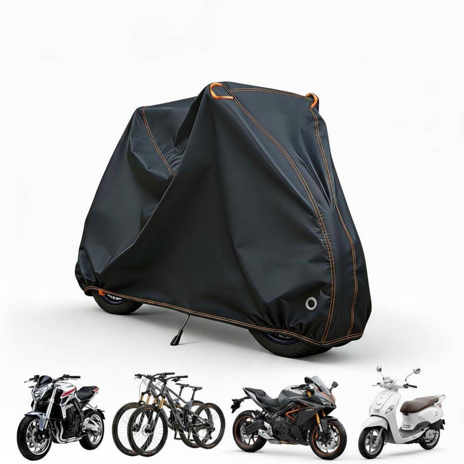 Schwarze Schutzabdeckung für Fahrräder verbirgt ein zweirädriges Fahrzeug, mit kleinen Bildern darunter, die zeigen, dass es für ein Motorrad, Fahrrad, Sportbike oder Roller passt.