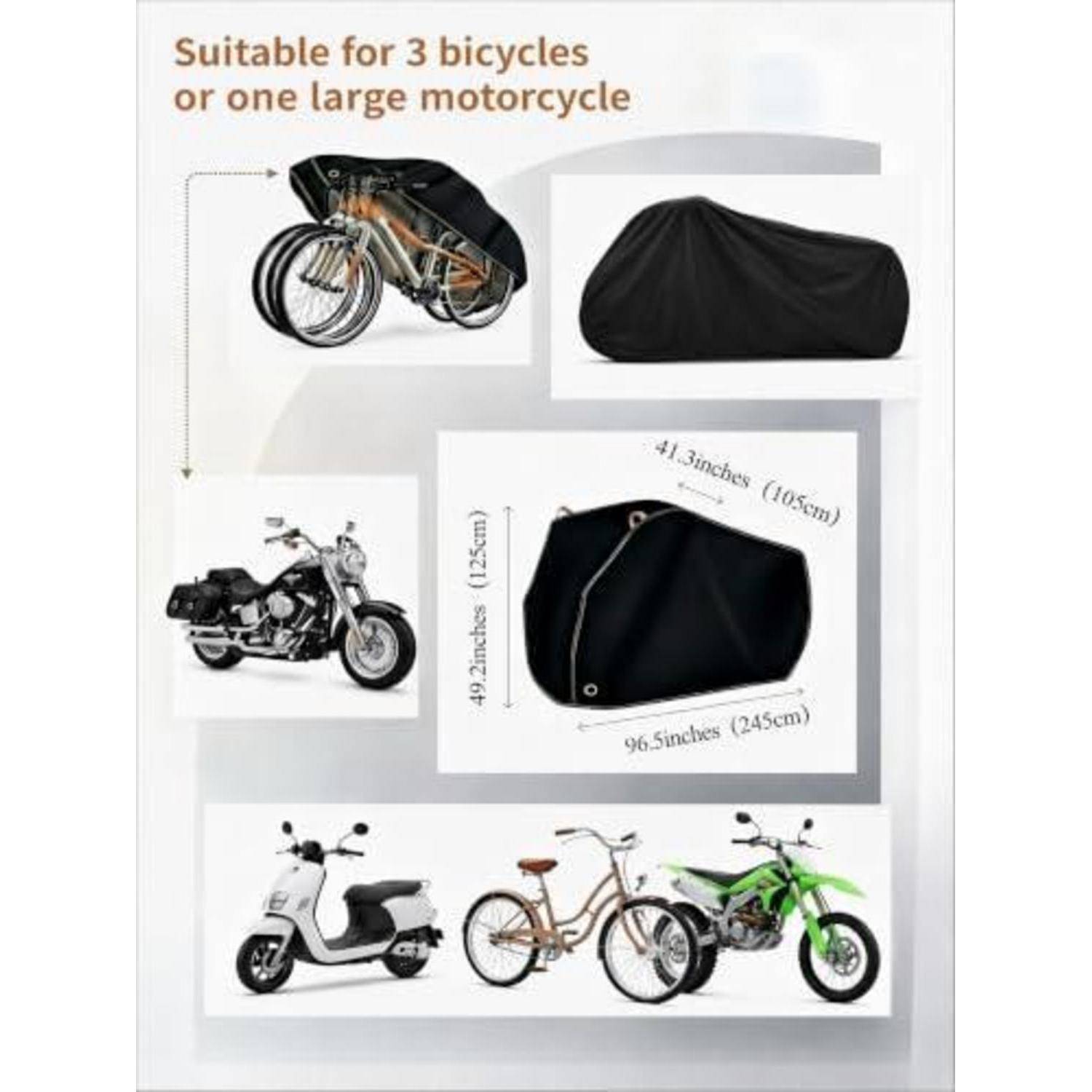 Produktbild einer Schutzabdeckung mit der Bezeichnung „Geeignet für 3 Fahrräder oder ein großes Motorrad" mit den Abmessungen 96,5 x 41,3 x 49,2 Zoll und Beispielen von abgedeckten Fahrrädern.