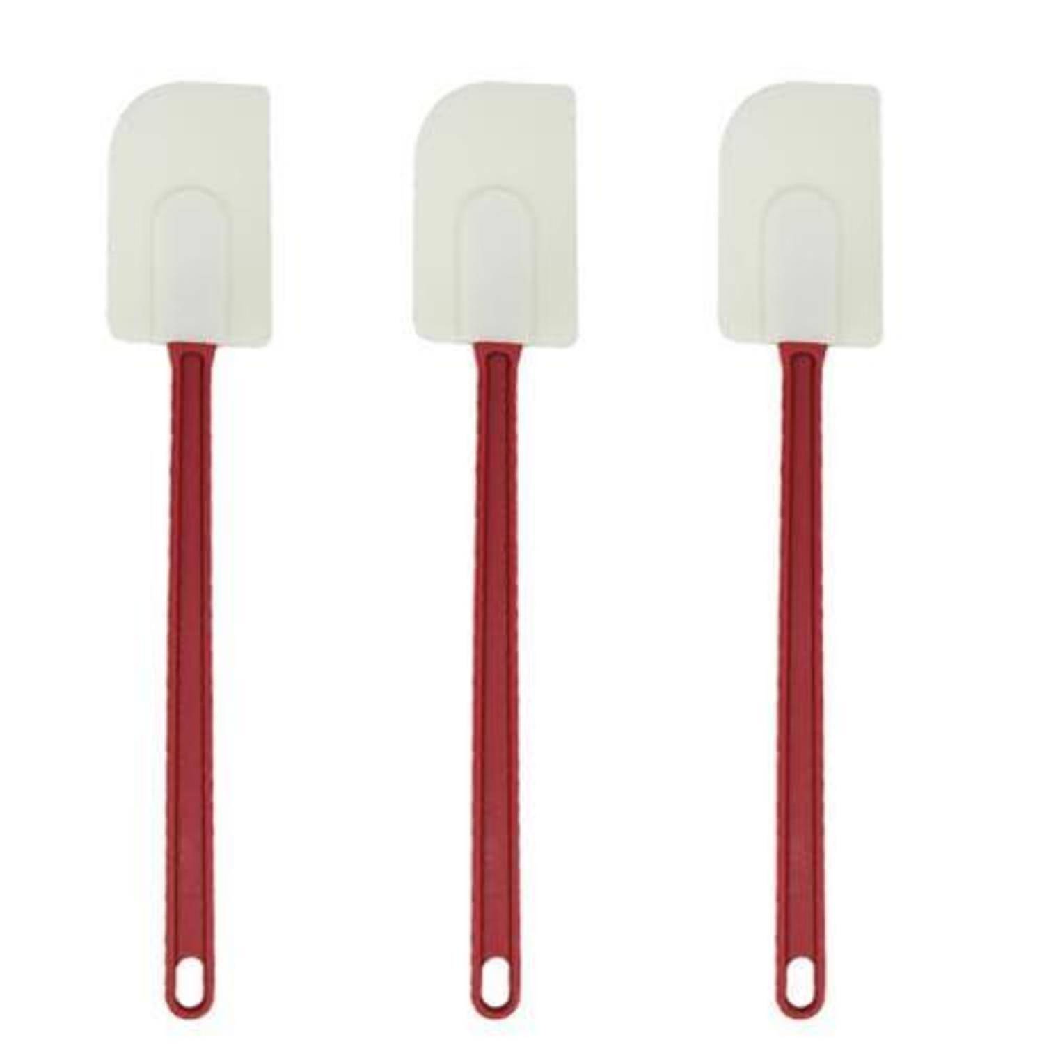 Drei rote Silikon-Spatel mit weißen Köpfen, aufrecht auf einem schlichten weißen Hintergrund dargestellt.