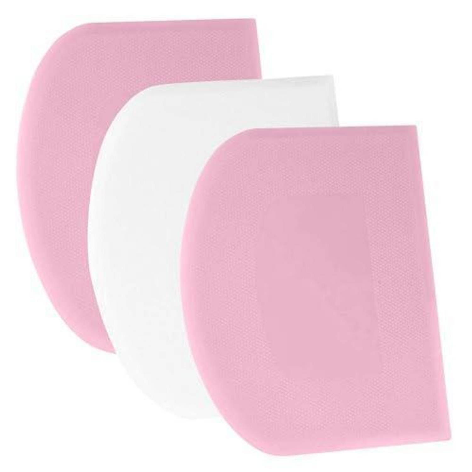 Drei überlappende abgerundete rosa und weiße rechteckige Pads oder Blätter auf weißem Hintergrund.