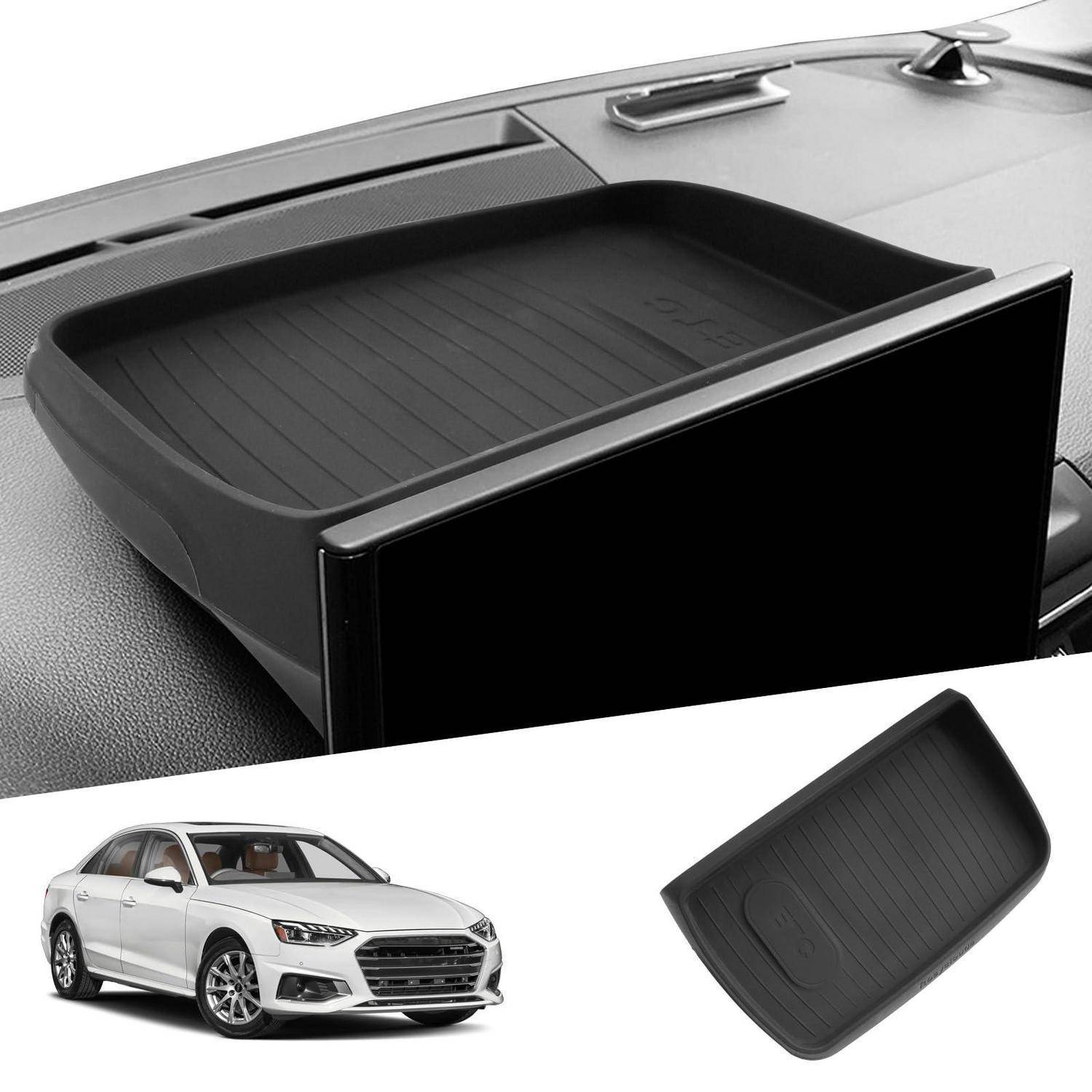 Organizer-Einsatz für die Mittelkonsole des Autos mit rutschfestem gerilltem Boden, gezeigt installiert und separat neben einer Limousine, schwarzes Kunststoff.
