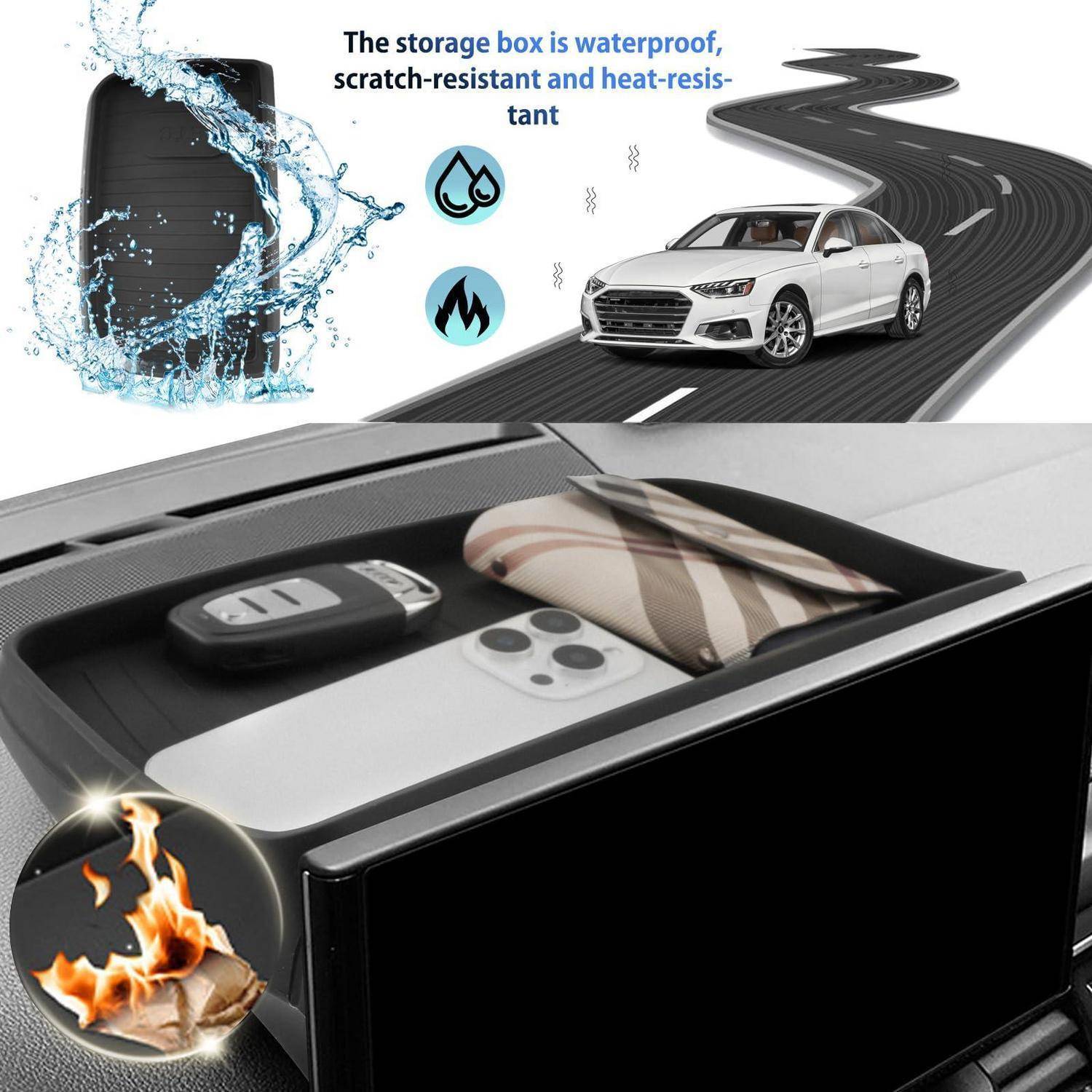 Werbebild einer Autostaurbox, die ein Telefon, Schlüssel und eine Brille hält, mit den Aufschriften wasserdicht, kratzfest und hitzebeständig.