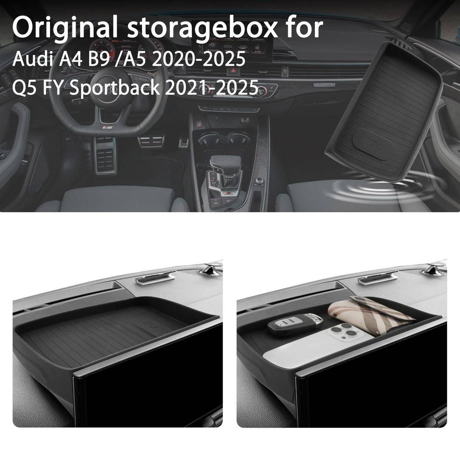 Produktbild einer Original-Aufbewahrungsbox für Audi A4 B9/A5 und Q5 FY Sportback 2020-2025, das die im Mitteltunnel installierte Box zeigt und verwendet wird, um kleine Gegenstände wie einen Schlüssel und ein Telefon zu halten.