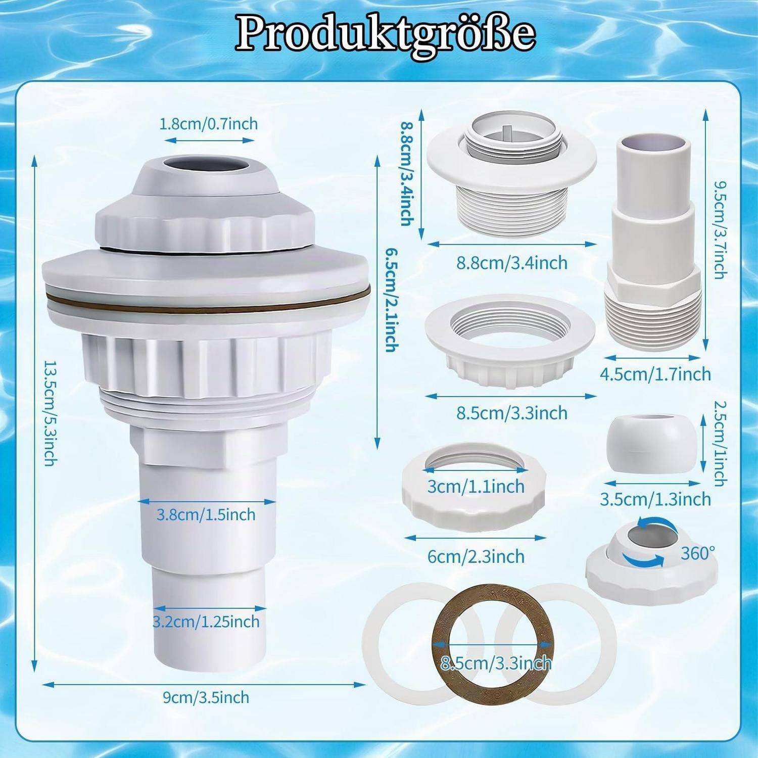 Produktgrößendiagramm mit einer Ablaufarmatur, die den Hauptkörper und Teile zeigt, mit beschrifteten Abmessungen in cm und Zoll, einschließlich 13,5 cm Höhe und 9 cm Breite.