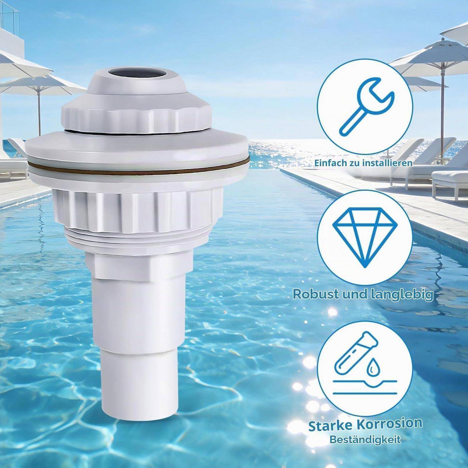 Weißes Pool-Skimmer-/Filterelement mit sonnigem Pooldeck-Hintergrund, beschriftet in Deutsch: 'Einfach zu installieren', 'Robust und langlebig', 'Starke Korrosionsbeständigkeit'.