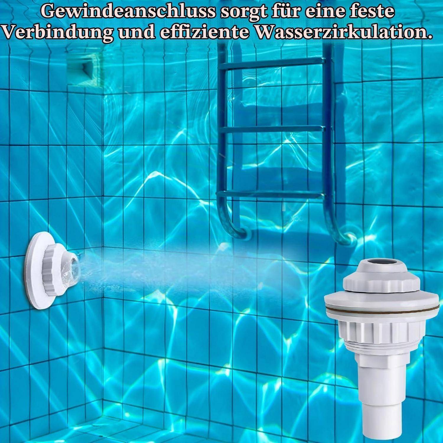 Wandarmatur im Pool dargestellt in einer Unterwasser-Poolszene, wobei der deutsche Text angibt, dass sie eine sichere Verbindung und effiziente Wasserzirkulation bietet.