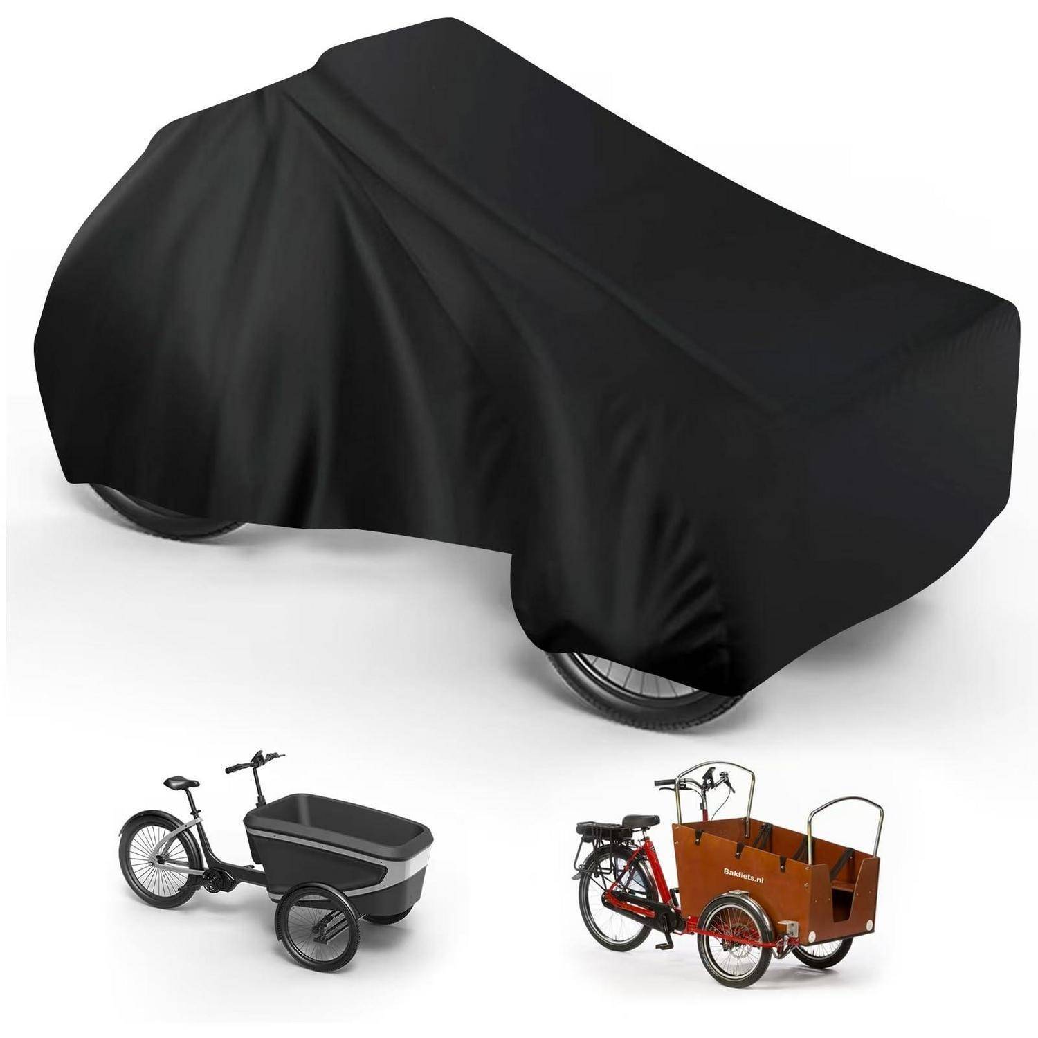 Schwarze anliegende Schutzhaube, die über ein dreirädriges Lastenfahrrad drapiert ist, mit kleineren Bildern, die das unbedeckte Cargo-Trike und das gleiche Fahrrad bei der Verwendung zeigen.