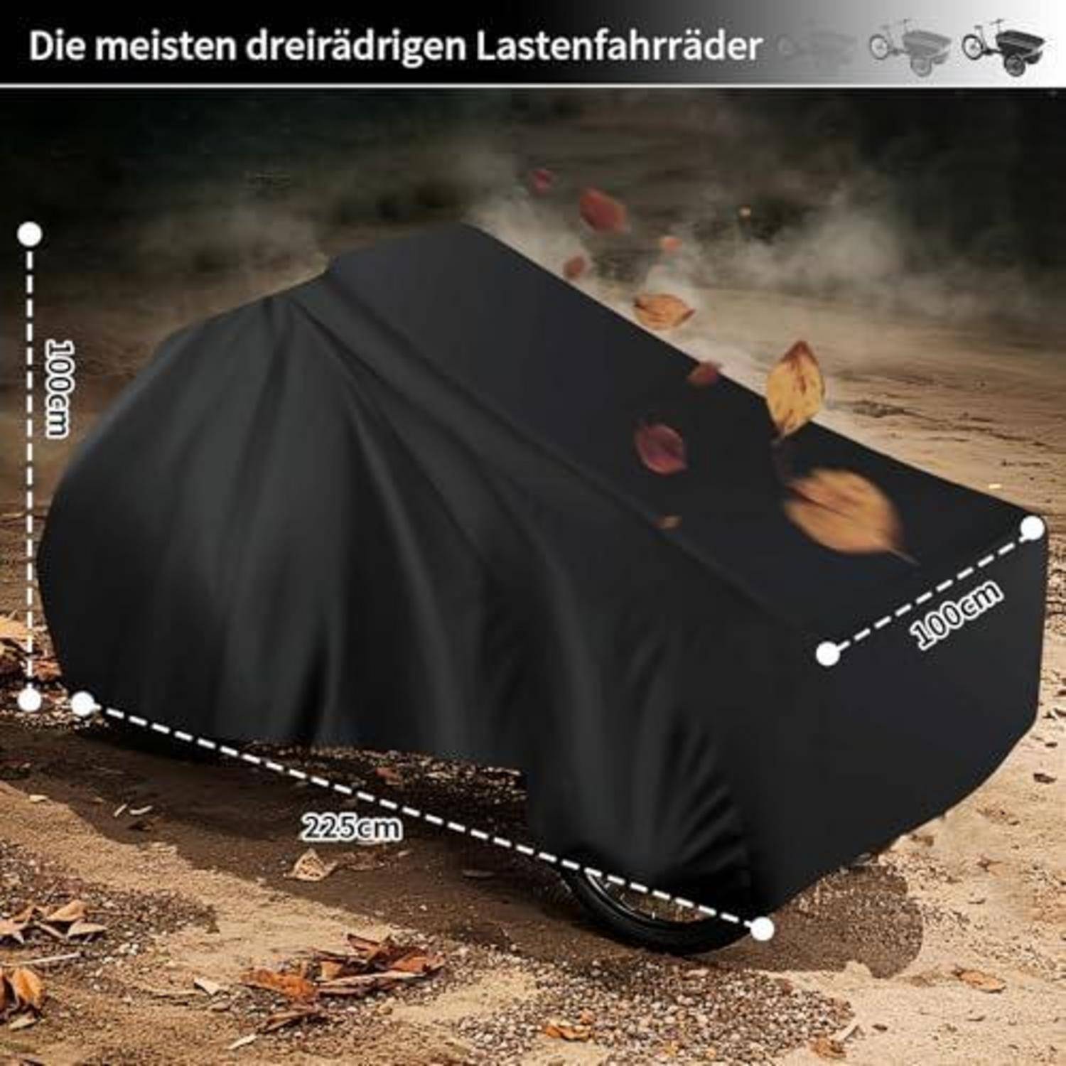 Schwarze Schutzabdeckung für ein dreirädriges Lastenfahrrad, gezeigt mit Abmessungen von 225 cm Länge und 100 cm Breite/Höhe.