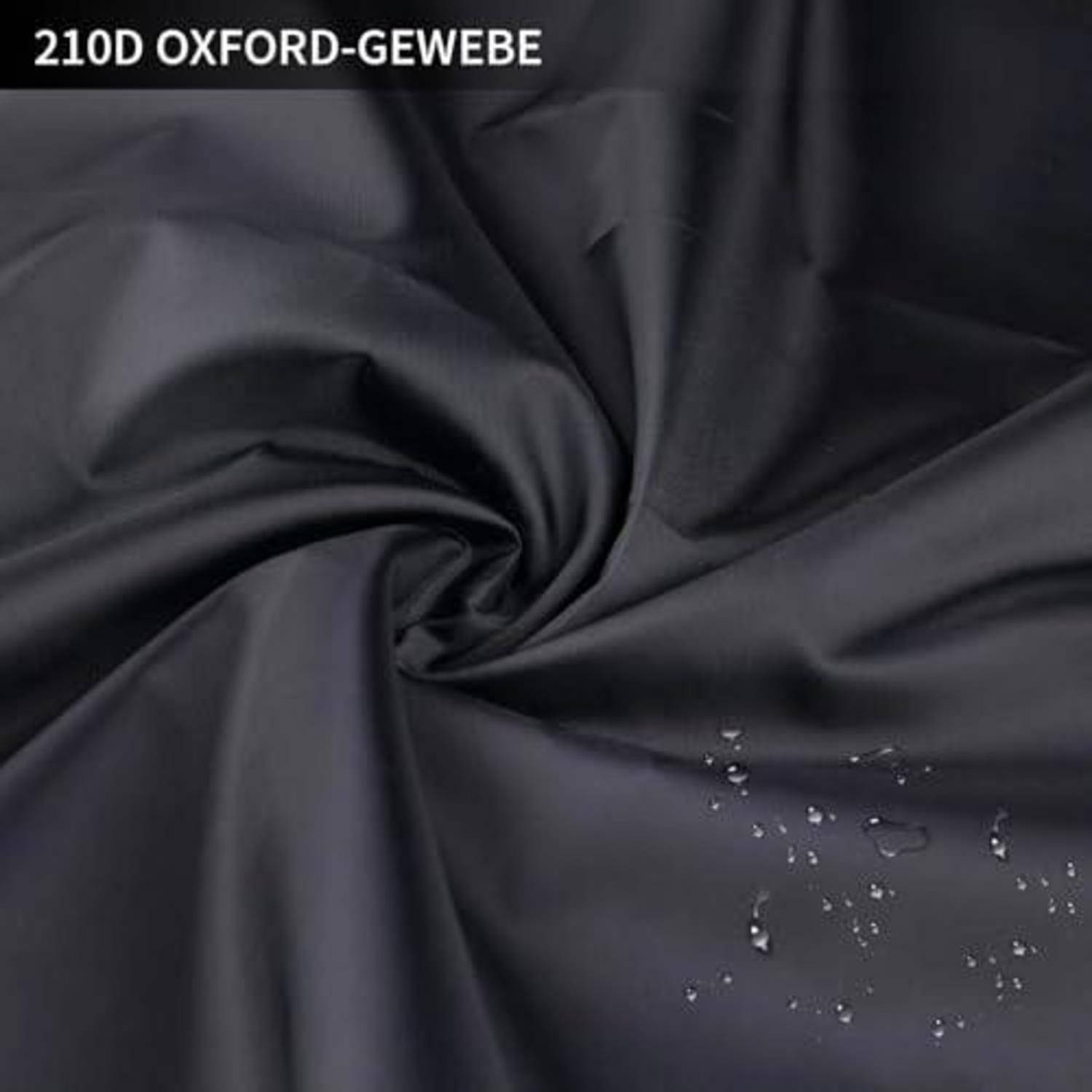 Dunkelgraues wasserdichtes Oxford-Gewebe mit einer geschwungenen Textur, gekennzeichnet als „210D OXFORD-GEWEBE", mit Wassertropfen, die auf der Oberfläche perlen.