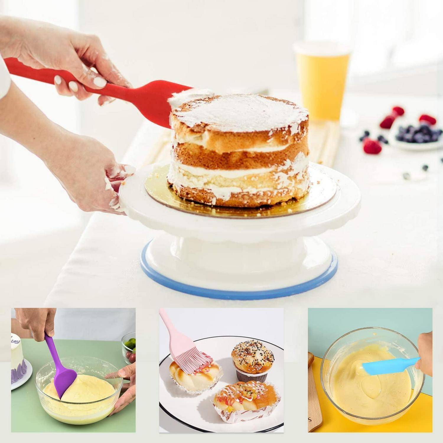 Collage mit Backkunst und Tortenverzierung: Eine mehrstöckige Torte wird glasiert, Glasur wird auf Gebäck aufgetragen, und Teig wird in Schüsseln gerührt.