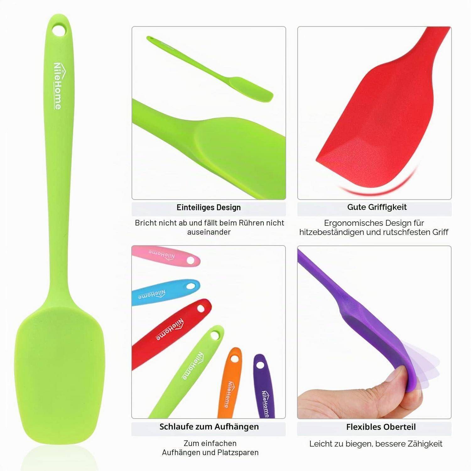 Produktgrafik eines Silikon-Spatels mit Nahaufnahmen, die ein glänzendes antihaftbeschichtetes Design, einen hitzebeständigen ergonomischen Griff, eine Aufhängeschlaufe und einen flexiblen Kopf hervorheben.