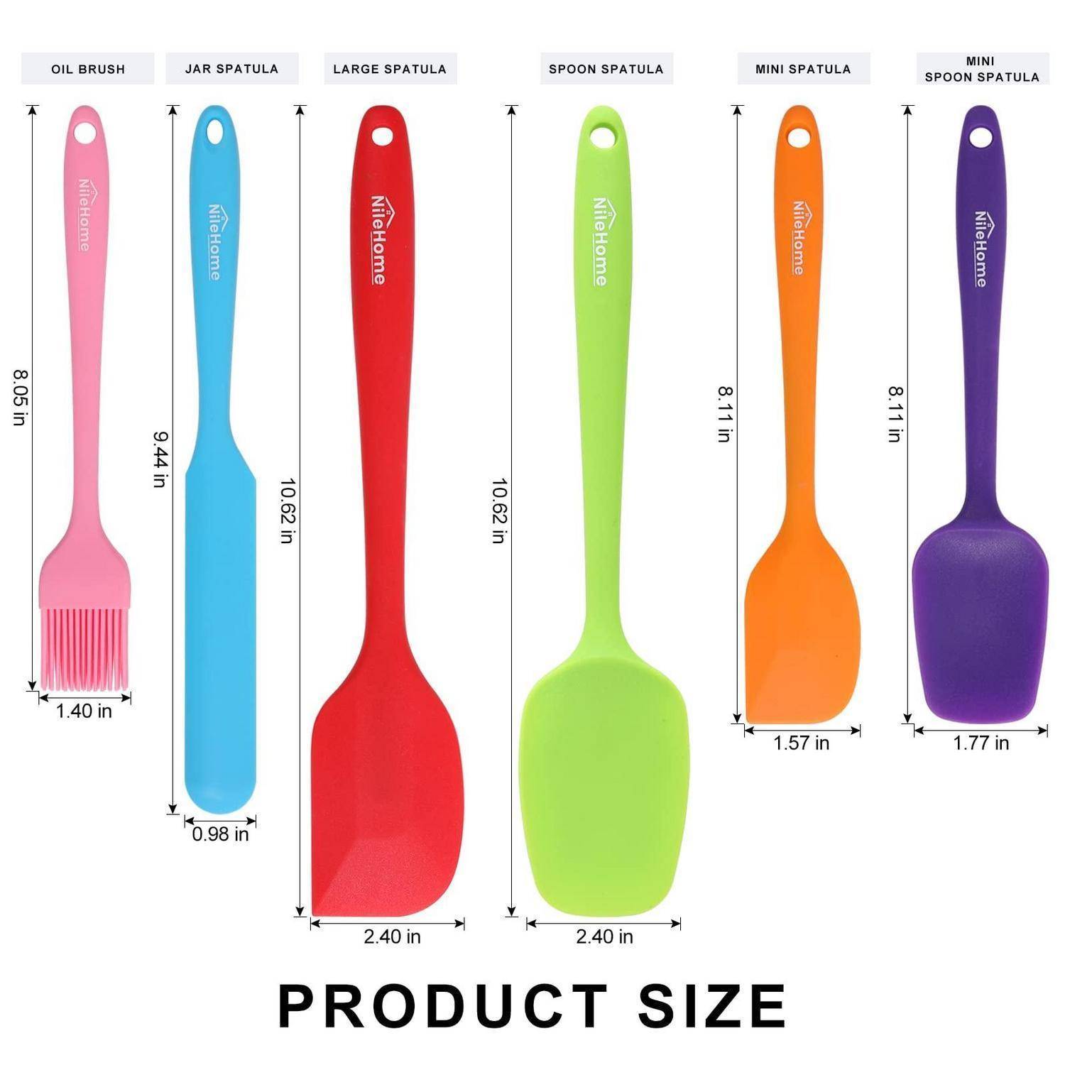 Größentabelle für Produkte mit sechs Silikon-Küchenspachteln und Bürsten mit Namen und Abmessungen: Ölbürste, Glas, Groß, Löffel, Mini und Mini-Löffel-Spachteln.