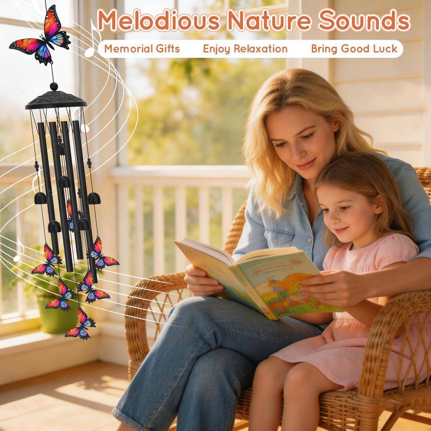 Mutter liest ein Buch mit einem kleinen Mädchen auf einem Korbstuhl neben einer Schmetterlingswindspiel; der Anzeigentext sagt „Melodische Naturgeräusche" mit „Gedenkgeschenke"", „Genießen Sie Entspannung"" und „Bringe Glück"".