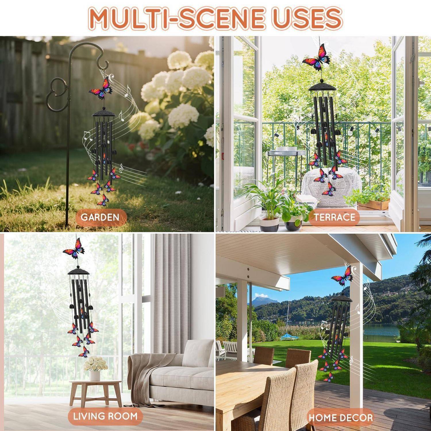 Collage mit dem Titel „MULTI-SCENE USES" (Mehrfachverwendung in verschiedenen Szenen), das eine Schmetterlings-Windspiel in Garten-, Terrassen-, Wohnzimmer- und Heimdekor-Settings zeigt.