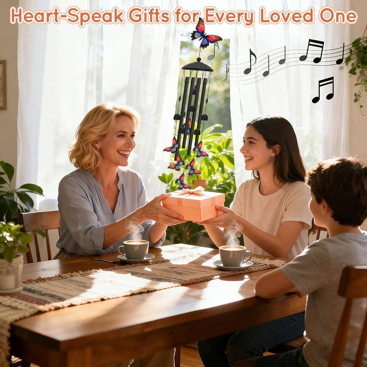 Eine Frau überreicht einer lächelnden jungen Frau an einem Tisch eine Geschenkbox, mit einem Kind neben ihnen; der Text lautet „Heart-Speak Geschenke für jeden geliebten Menschen".