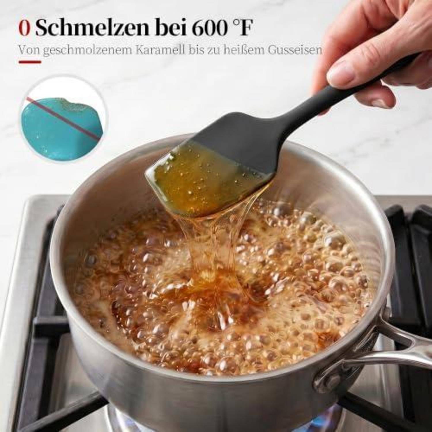 Kochendes Karamel wird in einem Topf über einem Gasbrenner gerührt, mit einer deutschen Schlagzeile über das Schmelzen bei 600°F.