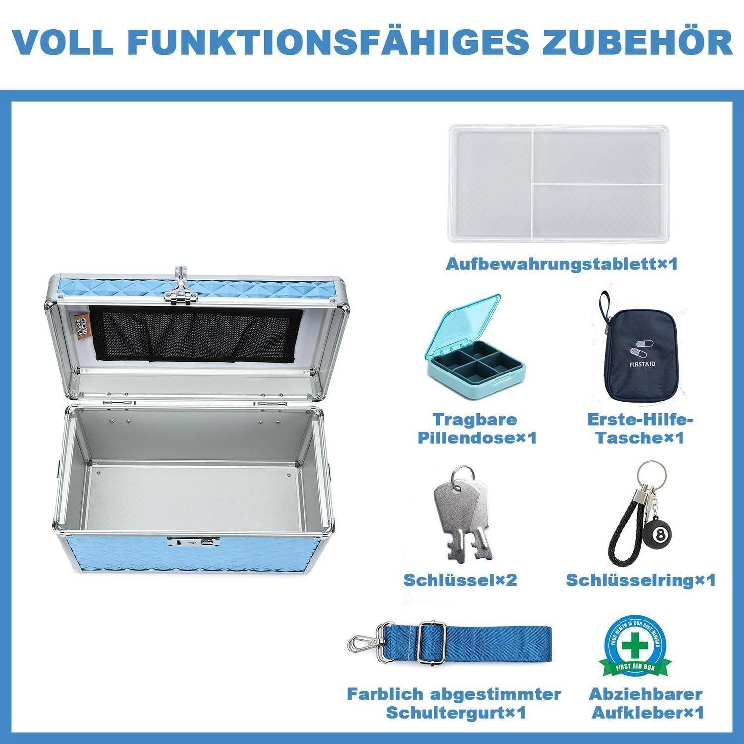 Zubehörsatz für einen Erste-Hilfe-Koffer: Metallbox, Aufbewahrungstablett, Pillendose, Erste-Hilfe-Beutel, 2 Schlüssel, Schlüsselring, farbiger Schultergurt und abnehmbare Aufkleber.