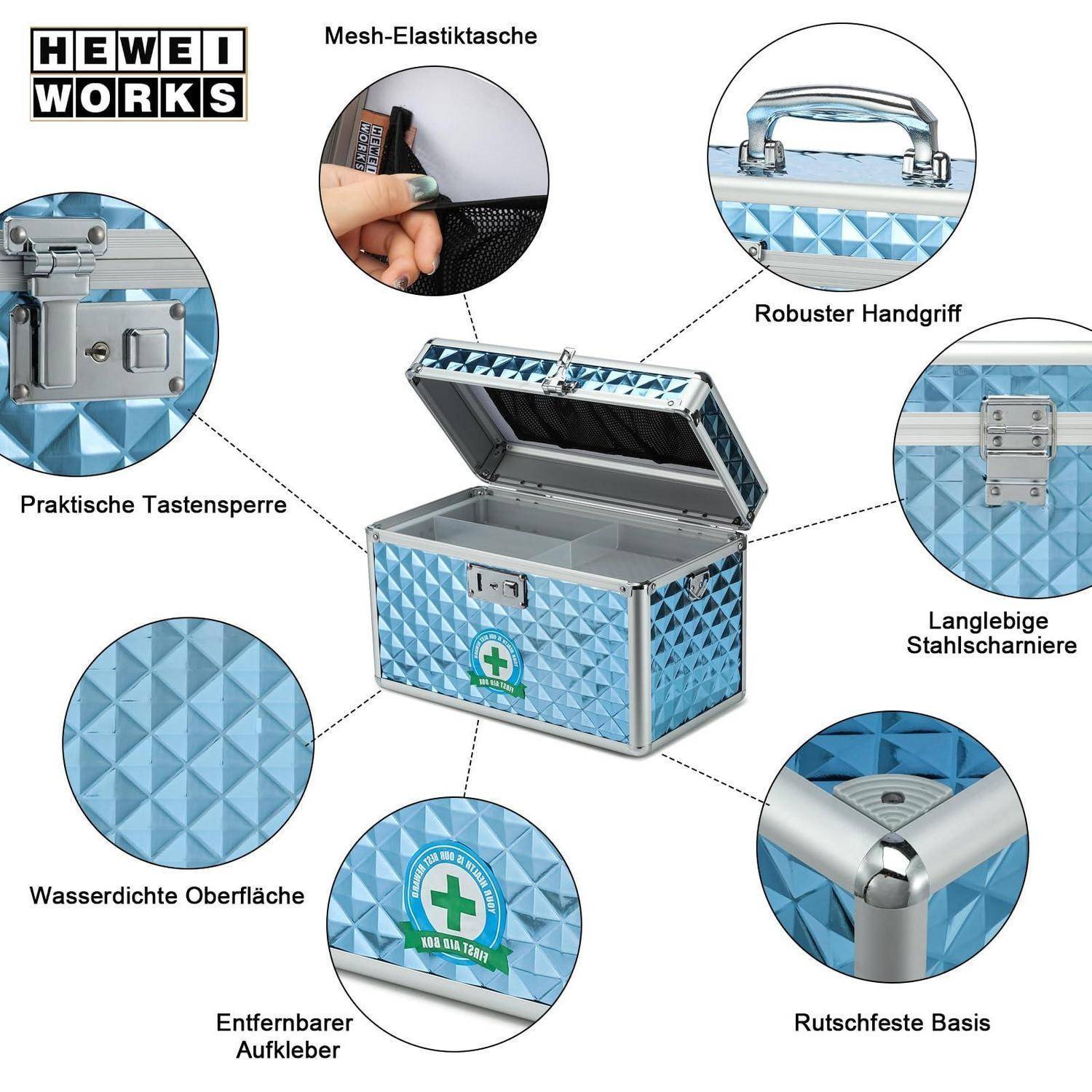 Illustrierte Werkzeugkiste mit Beschriftungen, die folgende Merkmale zeigen: elastische Netztasche, robuster Griff, Tastaturverriegelung, langlebige Stahlscharniere, rutschfester Boden und wasserdichte Oberfläche sowie abnehmbarer Aufkleber.
