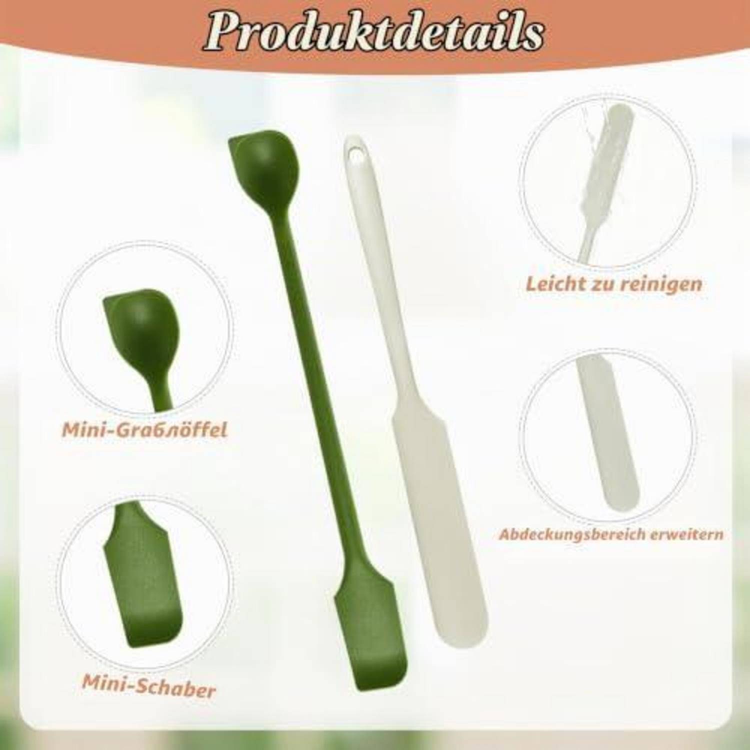 Produktdetails für einen Silikonspatel: grüner Mini-Schöpfer und Mini-Schaber, gezeigt mit Nahaufnahmen, die einfache Reinigung und erweiterte Abdeckung hervorheben.