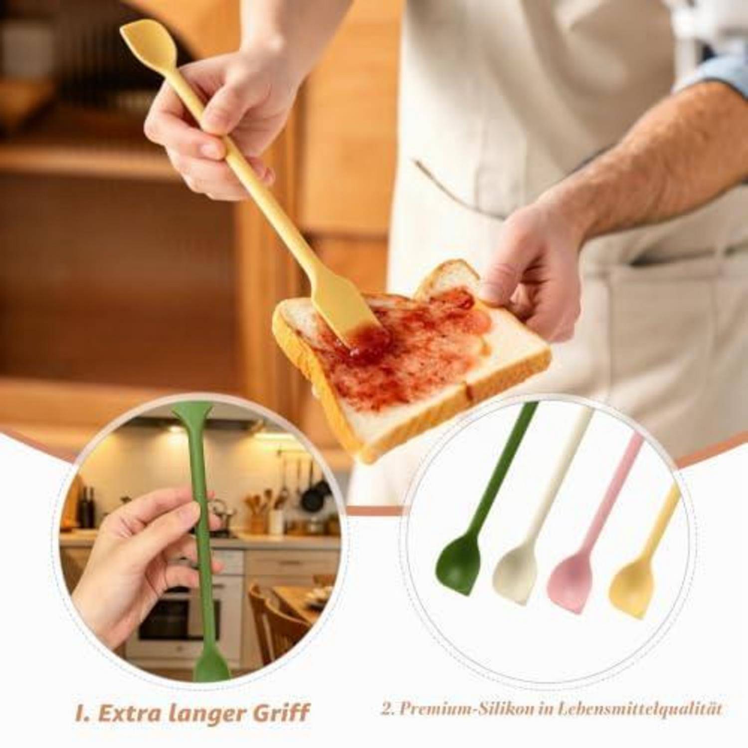 Eine Person, die mit einem langstieligen Silikonspatel Marmelade auf Toast verteilt; Einsatzbilder zeigen den Spatelgriff und vier Farboptionen.