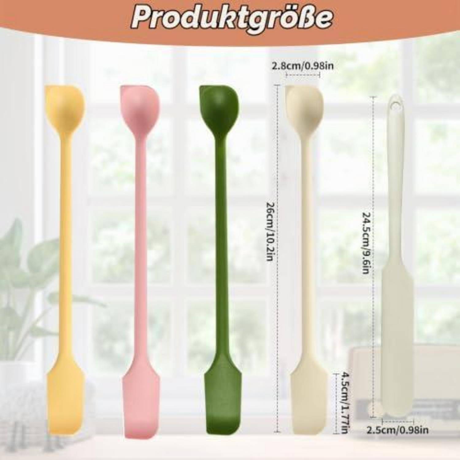 Größentabelle für Produkte mit fünf langstieligen Spachteln/Löffeln in Gelb, Rosa, Grün, Beige und Weiß, mit Abmessungen von etwa 26 cm Länge und 2,5–2,8 cm Breite.
