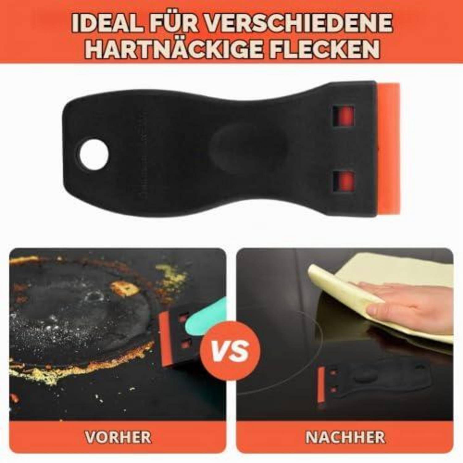 Werbebild eines schwarz-orangefarbenen Schabers mit der Aufschrift „IDEAL FÜR VERSCHIEDENE HARTNÄCKIGE FLECKEN