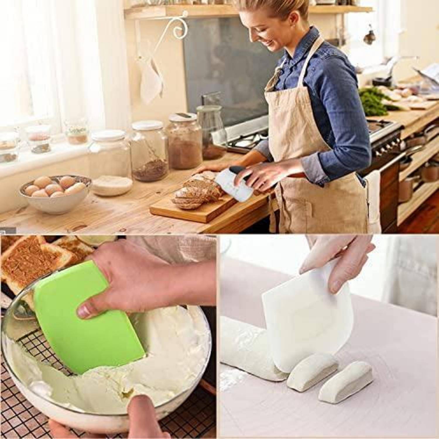 Collage zum Backen: Eine Frau schneidet Brot in einer Küche, mit Nahaufnahmen eines grünen Teigschabers, der Teig mischt, und eines weißen Schabers, der Teig portioniert.