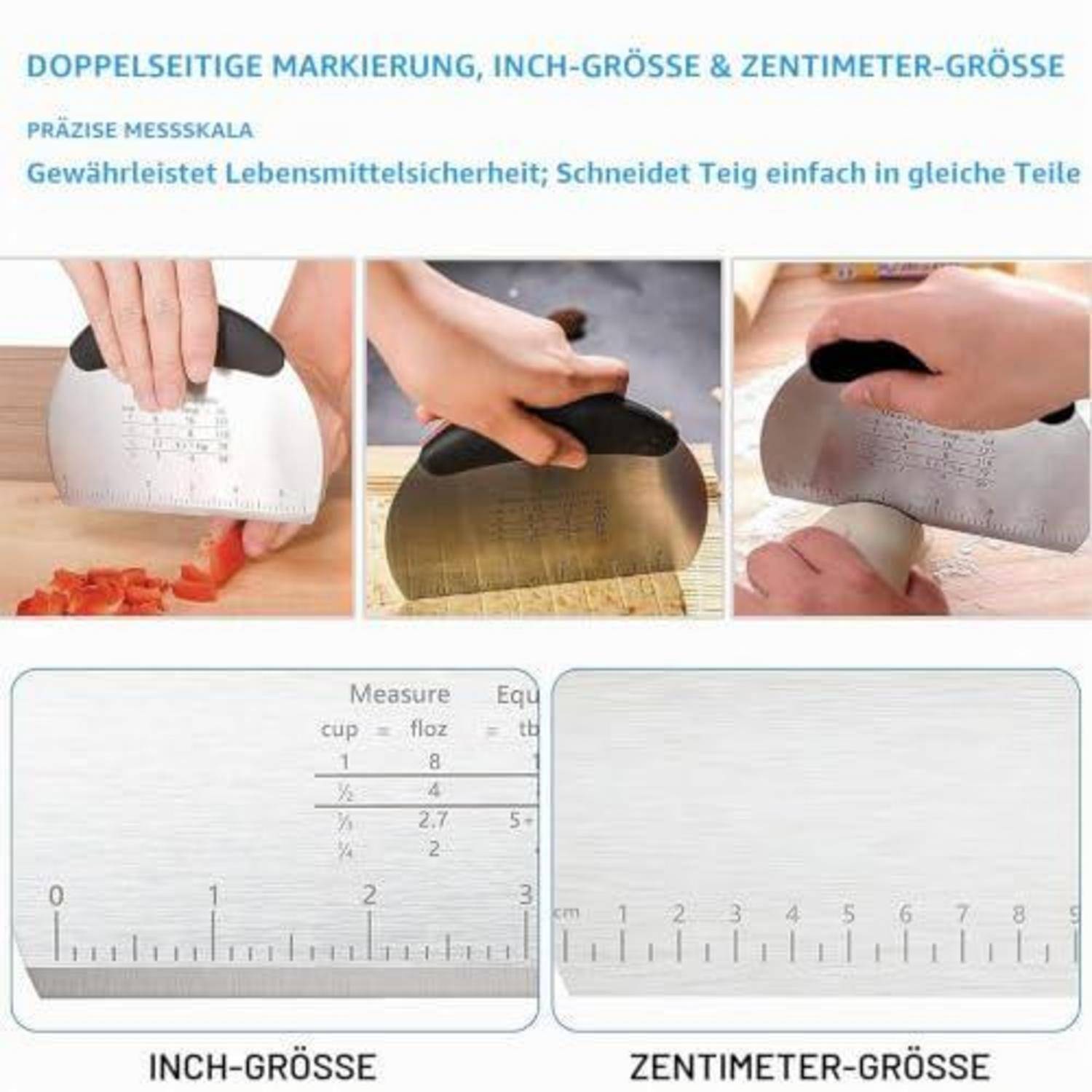 Werbegrafik eines Teigschabers mit dualen Messskalen, der lebensmittelsicheren Gebrauch und Zoll-/cm-Markierungen zum gleichmäßigen Aufteilen von Teig zeigt.