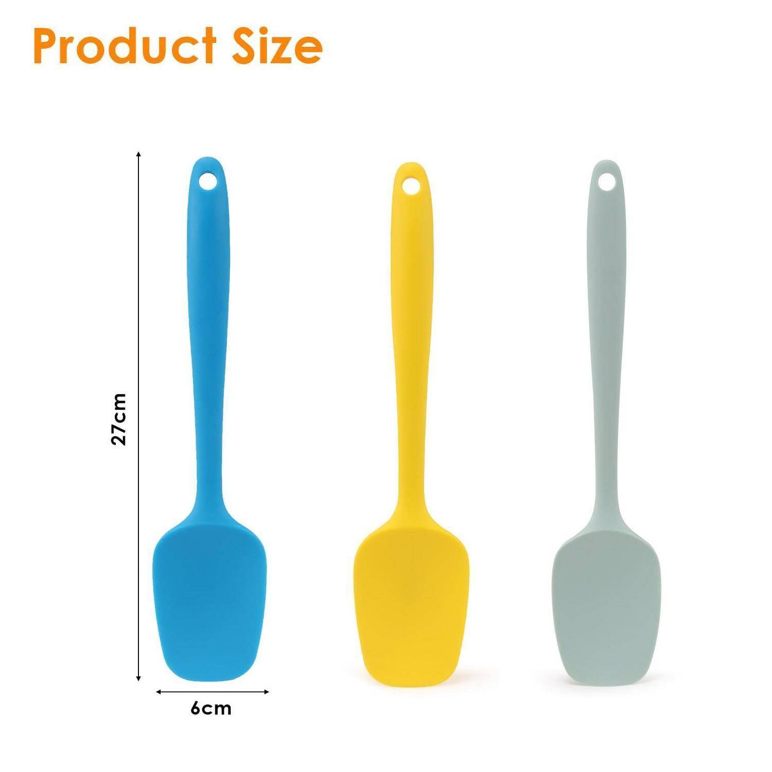 Produktgrößentabelle mit einem Silikonspachtel, 27 cm groß und 6 cm breit, in Blau, Gelb und Grau.