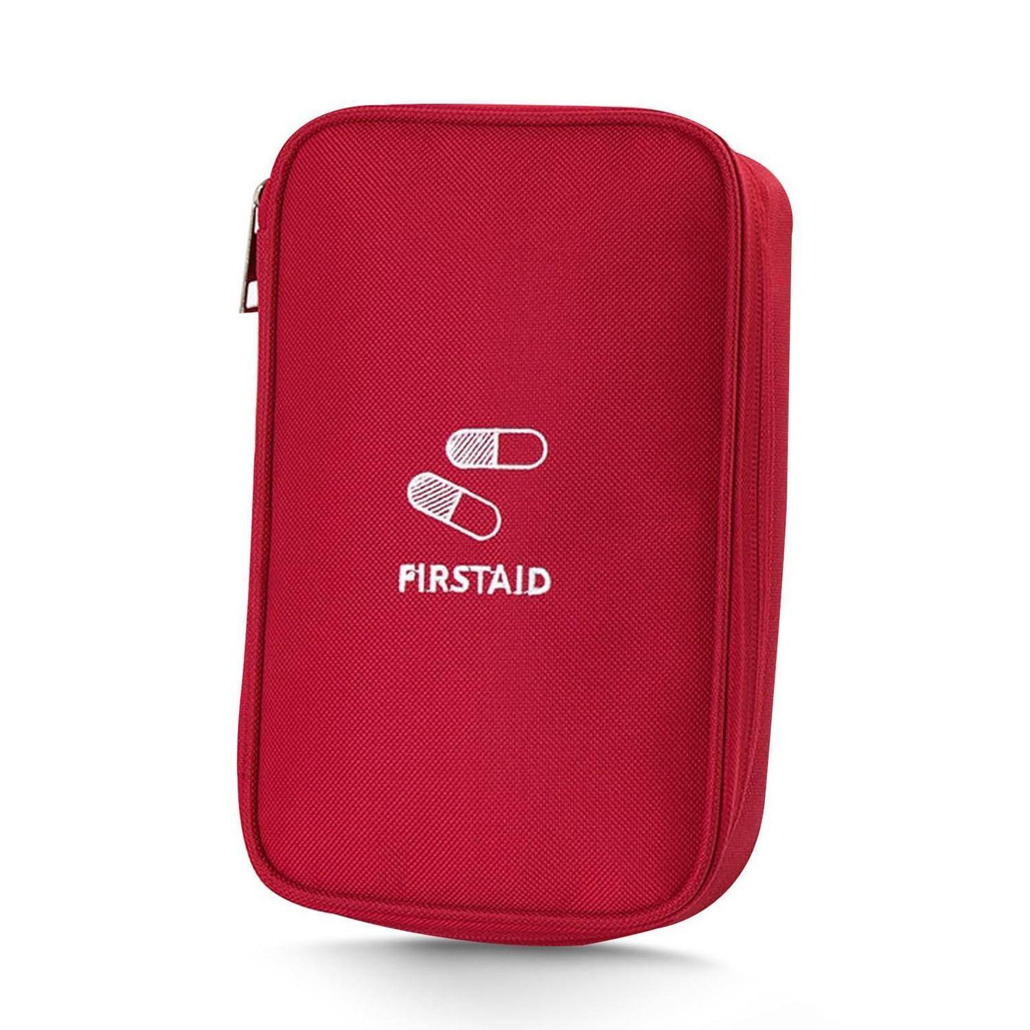Rote Erste-Hilfe-Tasche mit Reißverschluss und Pillensymbol mit der Aufschrift „ERSTE HILFE