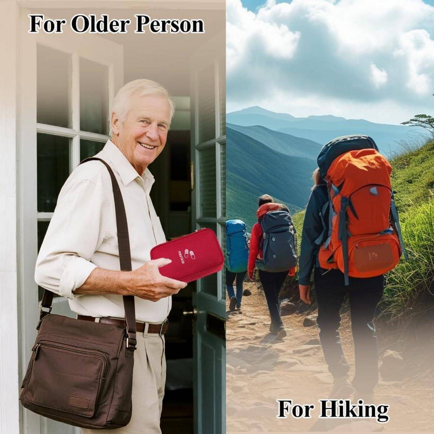 Geteiltes Bild, das einen älteren Mann mit einer Tasche mit der Aufschrift „Für ältere Person" und Wanderer auf einem Pfad mit Rucksäcken mit der Aufschrift „Zum Wandern"" vergleicht.