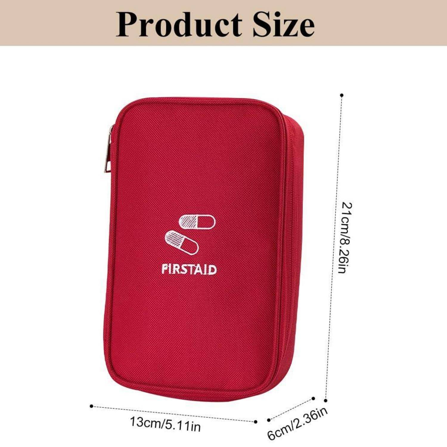 Die Größentabelle für das Produkt zeigt ein rotes FIRSTAID-Reißverschlussetui mit einer Höhe von 21 cm, einer Breite von 13 cm und einer Tiefe von 6 cm.