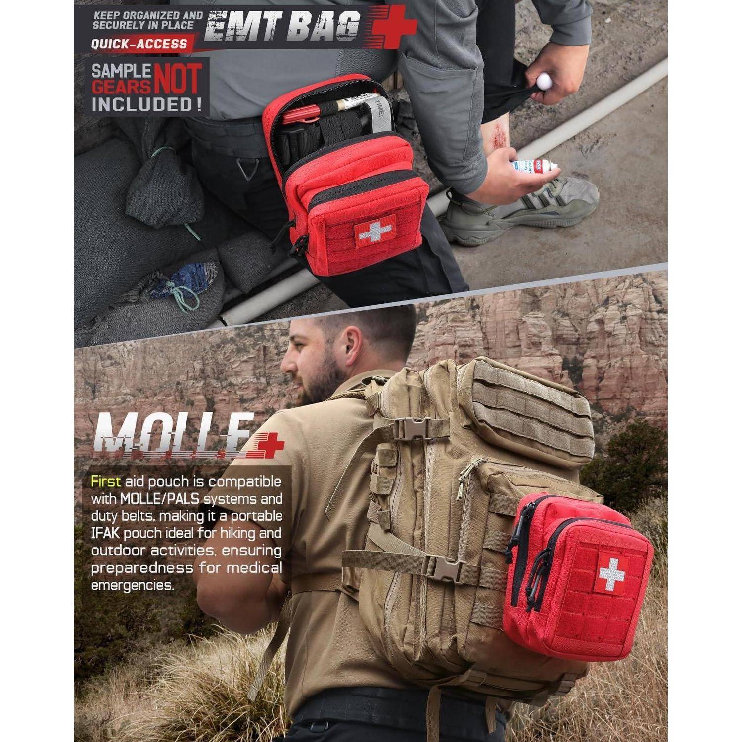 Roter Erste-Hilfe-EMT-Rucksack mit Schnellzugriff; Text sagt „QUICK-ACCESS" und „MOLLE""-kompatibel, ohne Beispielausrüstung im Lieferumfang enthalten.